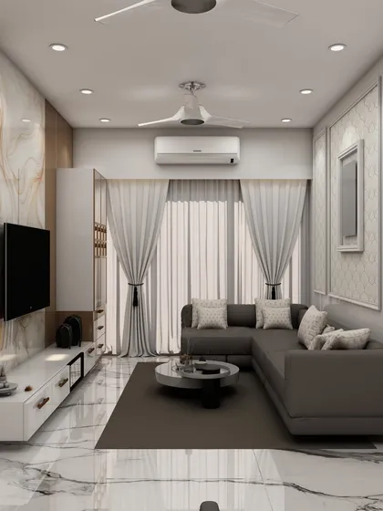 This living room 3D render showcases a modern L-shaped sofa, marble flooring, and a TV wall with a mix of glossy and textured panels for a luxurious feel.