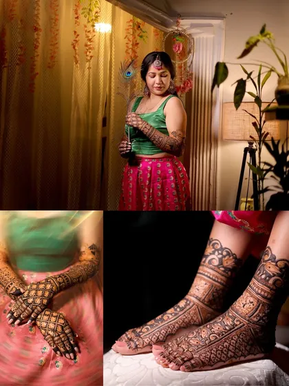 A collage showing the intricate details of the bride's Mehendi design on her hands and feet. I make sure to capture the artistry of this important pre-wedding ritual.