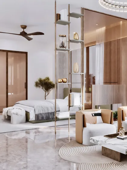 This angle captures the elegant partition shelf, which adds a decorative element while maintaining an open feel.