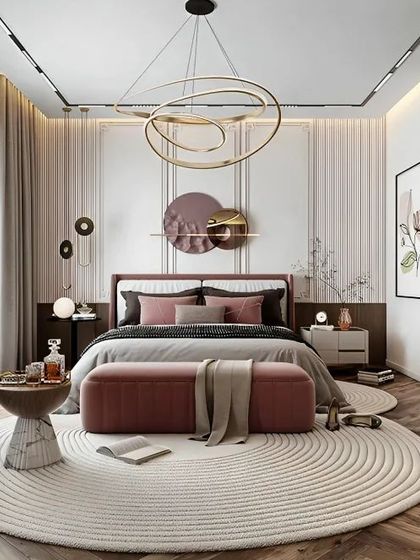 A chic and modern bedroom with a sophisticated color palette. The design features a stylish bed, a comfortable bench, and contemporary lighting fixtures.