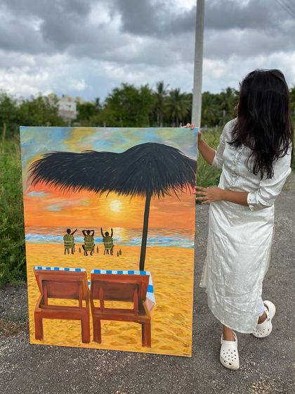 Another shot of me holding the large canvas painting, showing its scale.