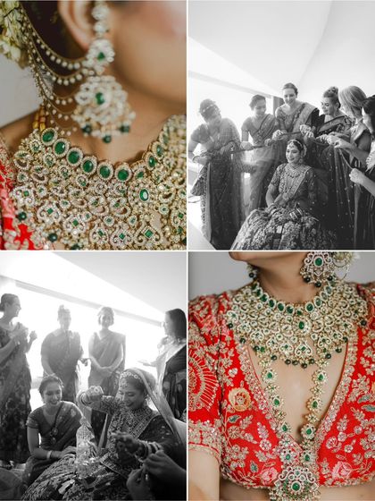 A collage focusing on the intricate details of the bride's jewelry and the joyful moments with her bride tribe.