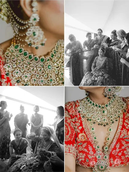 A collage of bridal details, focusing on the stunning emerald and polki jewelry and the happy moments with her bridesmaids.