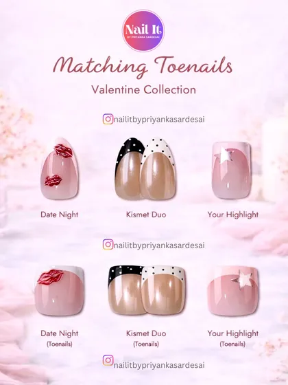 Our Valentine Collection for matching manicures and pedicures, featuring romantic designs like "Date Night" lips and "Kismet Duo" polka dots.