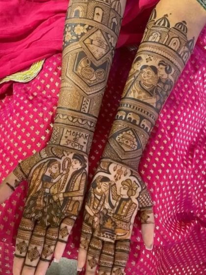 A full family portrait mehendi, this design includes the couple and their parents, with the names 'Mohak' and 'Shefali' beautifully written.
