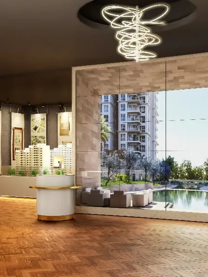 The Emaar DigiHomes Experience Centre features warm wooden flooring that grounds the space. The design combines a high-tech feel with natural materials for a balanced atmosphere.