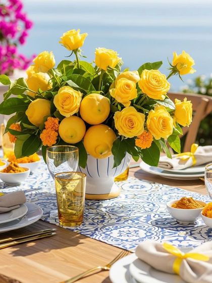 A stunning tablescape overlooking the water, perfectly capturing the Positano vibe. The table runner, lemon-filled floral arrangements, and yellow-tied napkins create a cohesive and beautiful setting.
