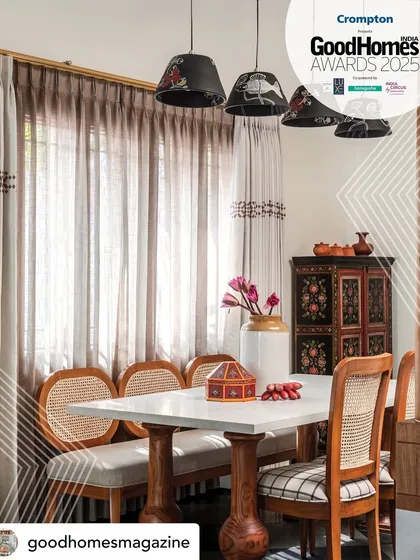 The dining room, with its custom stone-top table, cane chairs, and hand-painted details, perfectly represents the blend of craftsmanship and Indian design that earned us this wonderful accolade.
