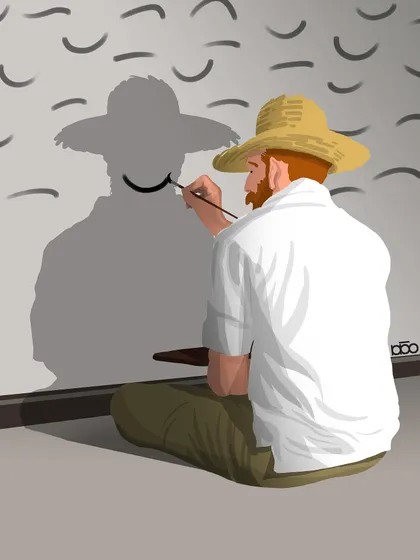 A deeply personal piece where Vincent sits in a sparse room, painting a simple smile on his own shadow. The accompanying letter suggests that his truest art isn't in a museum, but in these private acts of finding hope.