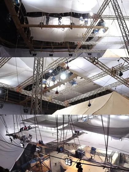 The overhead rigging on the 'Chhaava' set. This collage shows the complex network of trusses, cloths, and lights used to simulate natural light coming into the large interior space.