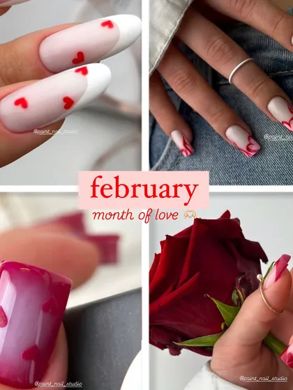 A collage of Valentine's inspiration, showcasing different ways to wear your heart on your nails. From classic red hearts on a French manicure to more abstract, edgy heart designs.