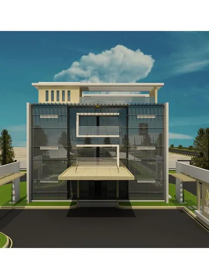 A frontal 3D render of the KSG Admin Block, detailing the clean lines and contemporary glass facade. This visualization was a key tool in communicating the design vision, which focused on creating a modern identity using elements like pergolas and tensile fabric.