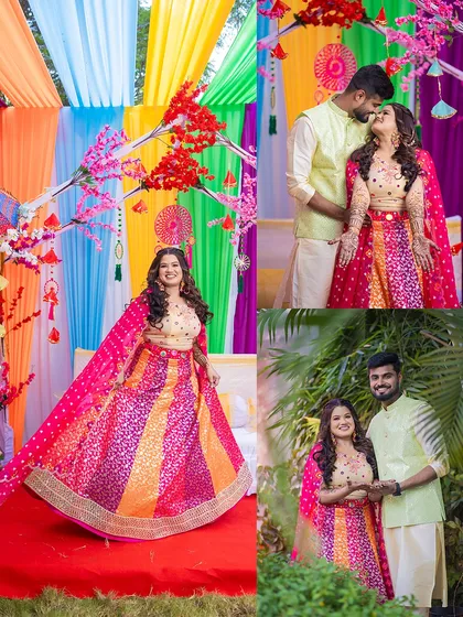 A collage of Prachi and Sandeep from their Mehendi ceremony. It captures the couple's portraits against the vibrant, festive backdrop.