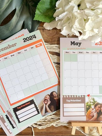 Two different months from the 2024 planner calendar, showing how you can use different photos for May and December to match the season or your mood.