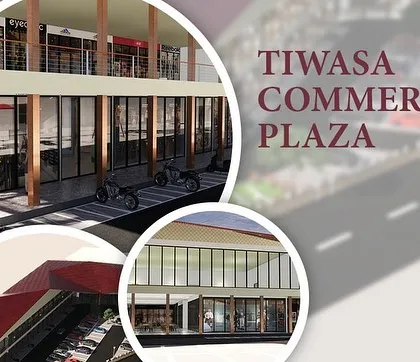 A promotional graphic for the Tiwasa Commercial Plaza project. Our design features a modern glass facade and accessible storefronts, aimed at creating a bustling local commercial hub.