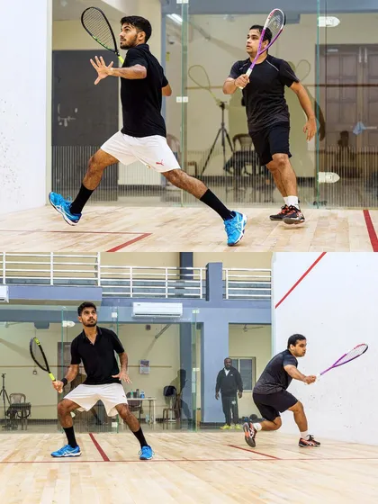 We cover a wide range of sports, capturing both the action and the preparation. This collage shows squash players Rahil Peris and Yash Salunkhe during a practice session for the National Games, highlighting their dynamic movements and focused intensity in different action poses.