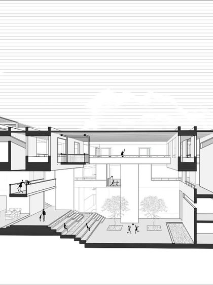 A detailed sectional perspective of the Brilliant National School, illustrating the dynamic and interconnected nature of the learning spaces.
