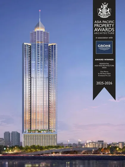 This image showcases the award-winning design for One Marina, recognized as Best Residential High Rise Architecture in India. The 74-storey tower is a landmark of architectural excellence, crafted for elevated living.