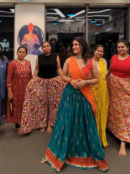The full group in their beautiful traditional attire for our Navratri special class.