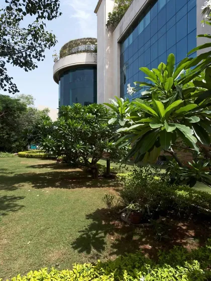 At Yashraj Studios, the landscape design creates a green buffer from the city. The lush lawns and mature trees provide a calm and inspiring environment that supports the creative processes happening within the state-of-the-art film studio.
