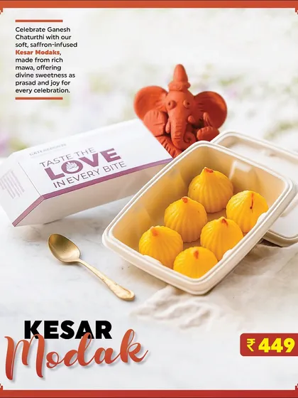 Celebrate Ganesh Chaturthi with our soft, saffron-infused Kesar Modaks. Made from rich mawa, they are a divine offering and a joyful treat for everyone.