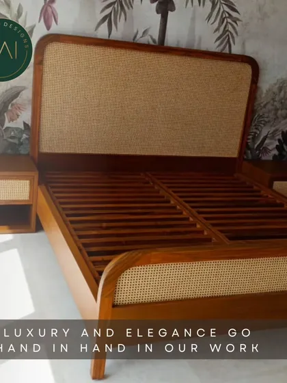 A classic wooden bed with a woven cane headboard and footboard. Paired with matching nightstands, this set combines traditional craftsmanship with natural materials for a timeless and elegant look.