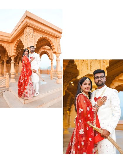 A regal portrait of the couple in stunning red and white traditional outfits, complete with a sword for the groom, evoking a sense of royal history.