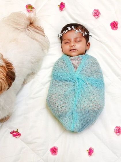 Another angle of the newborn and their cute Shih Tzu companion. The dog's happy face looking at the camera is priceless.