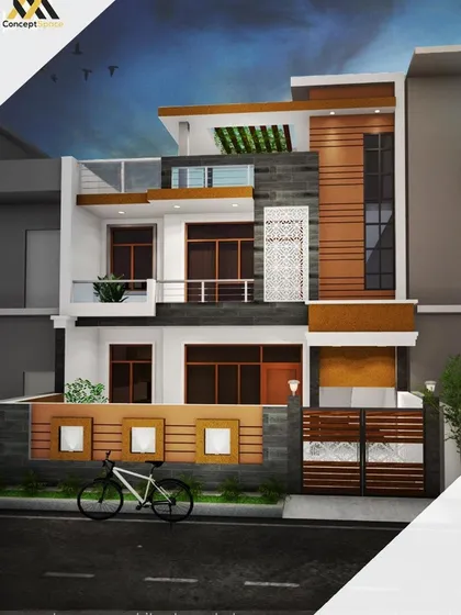 A residential design that balances different materials and forms. The facade incorporates stone cladding, wood-finish elements, and a pergola on the terrace for a contemporary yet warm aesthetic.
