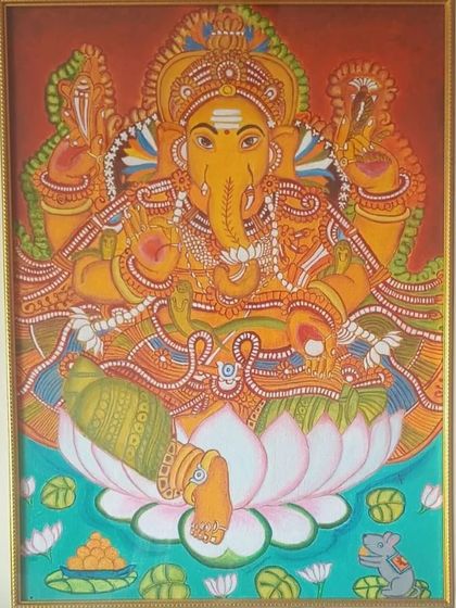 A framed Kerala mural of Lord Ganesha, painted by one of my students. This style is known for its bold lines, natural pigments, and depiction of mythological stories.