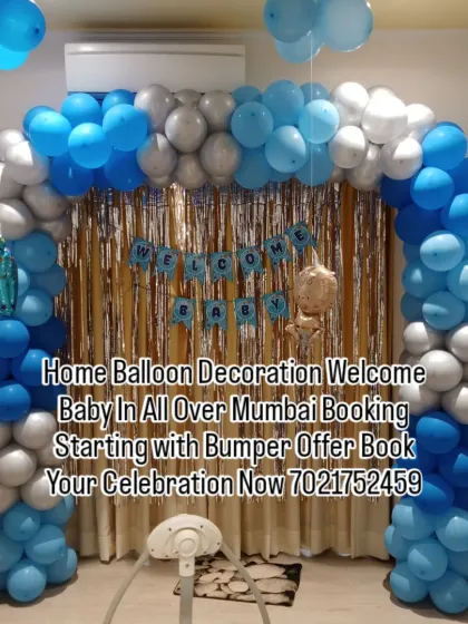 No matter the size of your home, I can create a beautiful balloon arch to welcome your baby boy. This blue and silver arch fits perfectly in a cozy apartment living room, complete with a 'Welcome Baby' banner and a silver fringe backdrop.