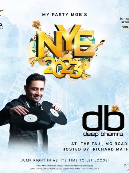 My official poster for the MyPartyMob New Year's Eve 2023 event at The Taj MG Road.