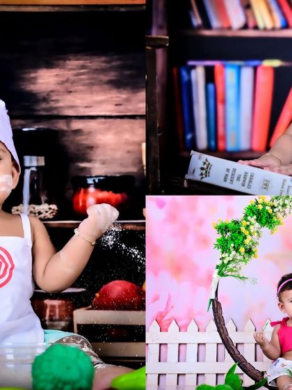 A collage of a little chef, a library theme, and a floral swing, showing a variety of styles.
