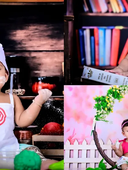 A collage of a little chef, a library theme, and a floral swing, showing a variety of styles.
