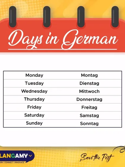Learn the days of the week in German, from 'Montag' (Monday) to 'Sonntag' (Sunday), with this clear and simple chart.