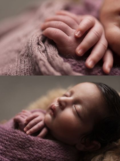 A collage showing the final portrait alongside a close-up of the baby's tiny, perfect hands. I love capturing these little details that you'll want to remember forever.