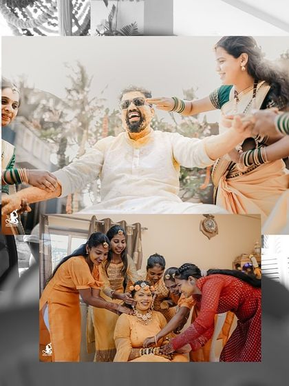 A collage showing the bride and groom surrounded by their loved ones, all participating in the fun of the Haldi ceremony.