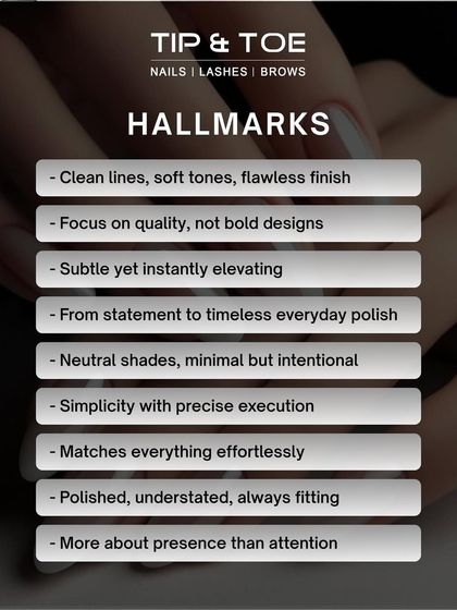 The hallmarks of 'Quiet Luxury' nails: clean lines, soft tones, and a flawless finish. It's about presence, not just attention.