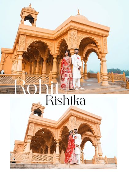 A classic portrait of the couple standing before a grand, traditional structure, designed as an elegant title card for their pre-wedding album.