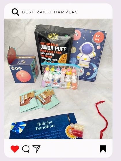 A fun and healthy kiddie hamper for Rakhi. It includes quinoa puffs, a cute stationery item, and other treats for the little ones.