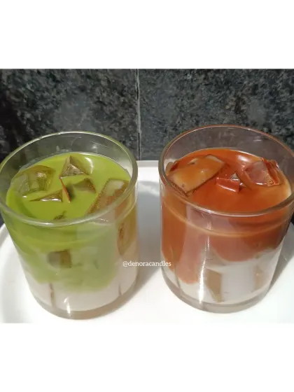 For the beverage lovers, I make these realistic drink candles. Here are my iced matcha latte and iced coffee candles, both made with layered soy wax to create a stunning visual effect.