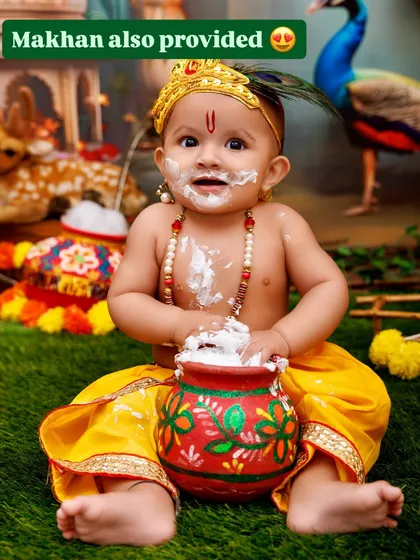 A close-up shot advertising that 'makhan' is provided for the full, fun experience during the Krishna photoshoots.