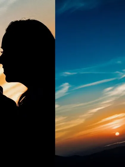A diptych showing two silhouette styles from a sunset couple shoot. One is a tight close-up of their profiles, and the other is a wider shot capturing the vibrant colors of the sky.