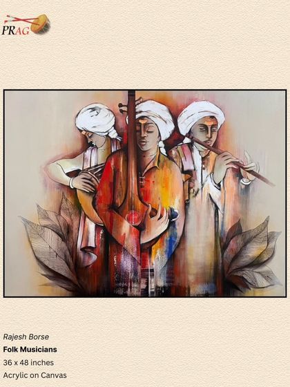 Rajesh Borse's "Folk Musicians" has a warm, earthy palette. The simple black frame provides a clean border that complements the muted tones and soulful mood of the painting.
