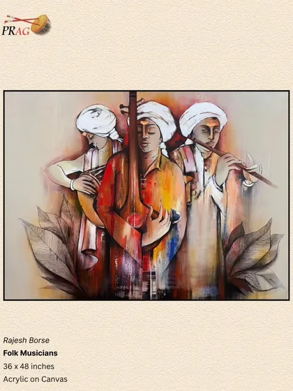 'Folk Musicians' by Rajesh Borse, a soulful painting where three musicians are lost in their craft, their forms rendered in warm, earthy tones.