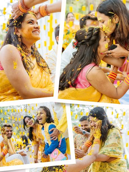 A collage of happy, candid moments from a Haldi, featuring the bride with her friends and family.