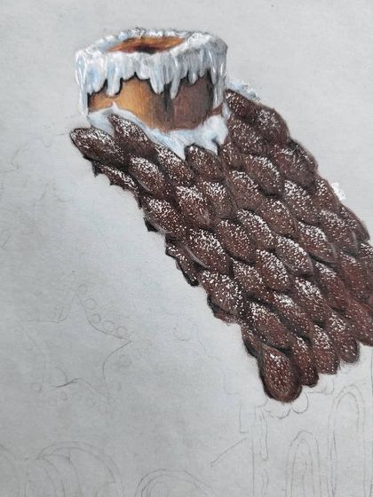 The first WIP of the gingerbread house, showing just the roof and chimney completed with a powdered sugar effect.