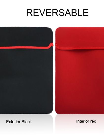 This infographic clearly shows the reversible feature of a laptop sleeve, displaying both the black and red sides. Visuals like this are much more effective than text alone.