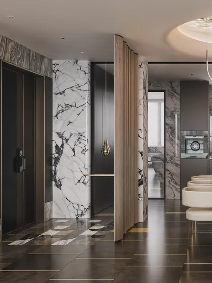 This view shows the seamless flow from the dining area to the rest of the open-plan penthouse, with marble and dark wood creating a cohesive, luxurious feel.