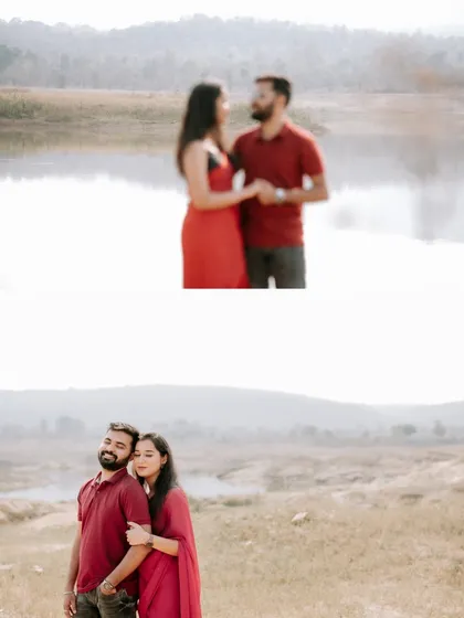 A diptych showing both a blurred, artistic shot and a clear, intimate portrait of the couple, creating a sense of depth and emotion.